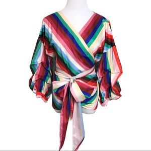 AOMEI Wrap Blouse Puff Sleeve Rainbow Stripes